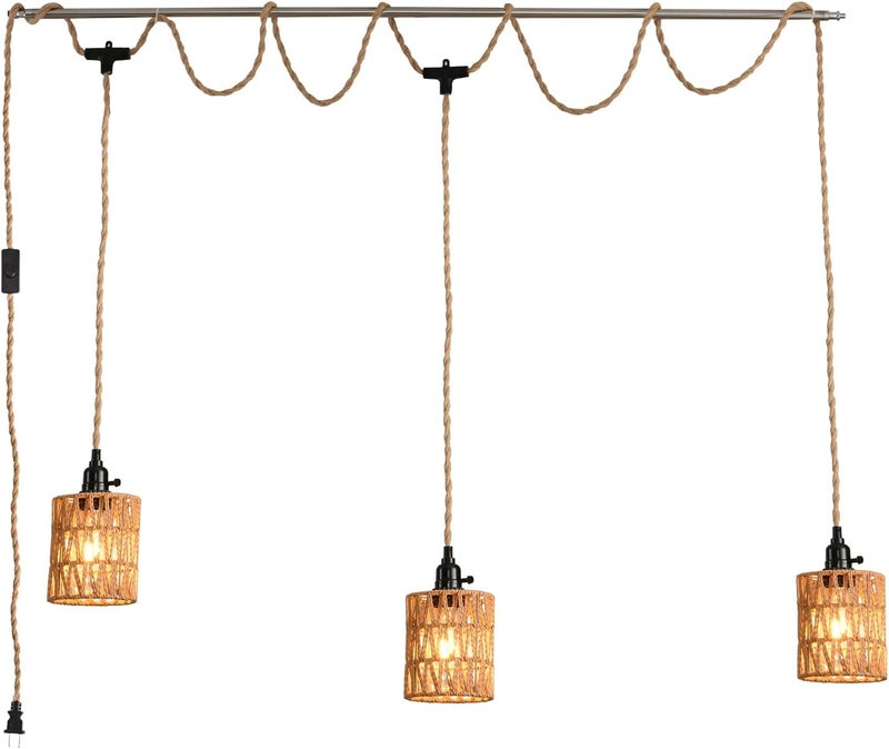 KENMI 3-Light Hanging Light with Plug in Cord,Plug in Pendant Light 22ft Hemp Rope Pendant Lighting Vintage 3-Light Hanging Lamp Fixtures for Kitchen Island Living Room Bedroom - Image 1